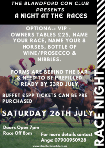 VIP tables - name your Race & Horses, Bottle of wine/Prosecco & nibbles Buffet - £5 per person Doors Open at: 7pm, First Race: 8pm
