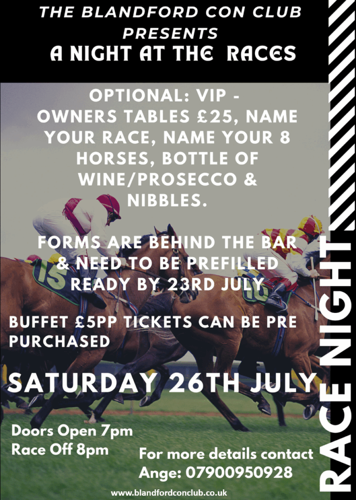 VIP tables - name your Race & Horses, Bottle of wine/Prosecco & nibbles Buffet - £5 per person Doors Open at: 7pm, First Race: 8pm